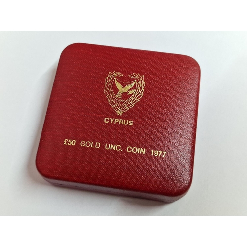 5 - Cyprus 1977 £50 Makarios 22ct Gold Uncirculated Coin in Capsule and Red Colour Presentation Case, (A... 