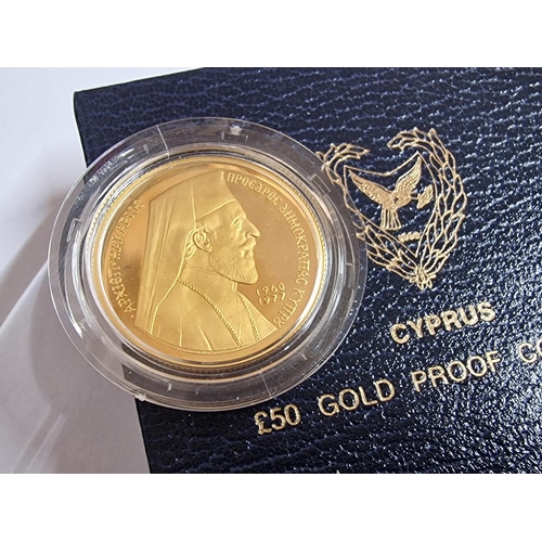 7 - Cyprus 1977 £50 Makarios 22ct Gold Proof Coin in Capsule and Blue Colour Presentation Case, (Approx.... 