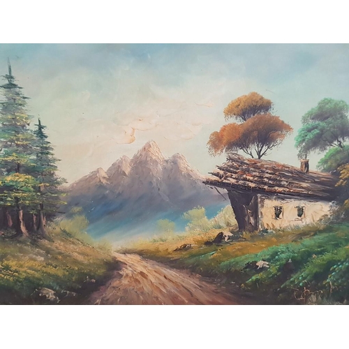 169 - Framed Oil on Board, Landscape Mountain Cabin, (Approx. 86 x 66cm)