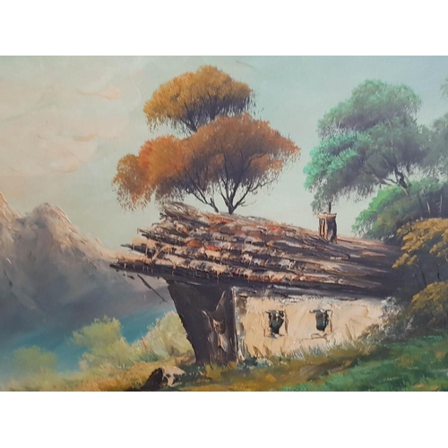 169 - Framed Oil on Board, Landscape Mountain Cabin, (Approx. 86 x 66cm)