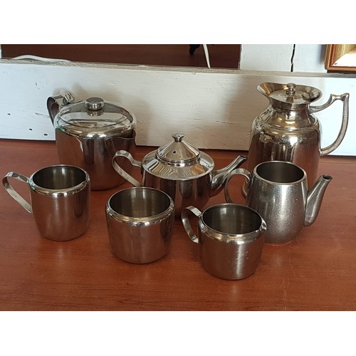 413 - Retro Style Stainless Steel Tableware; 3 x Tea / Coffee Pots, 2 x Milk Jugs, Sugar Bowl and Hot Wate... 