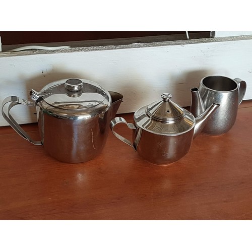 413 - Retro Style Stainless Steel Tableware; 3 x Tea / Coffee Pots, 2 x Milk Jugs, Sugar Bowl and Hot Wate... 