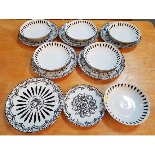 415 - 'Tognana' Black & White Porcelain 6-Place Dinner Set with Ethnic Pattern, (6 x Soup Bowls, 6 x Dinne... 
