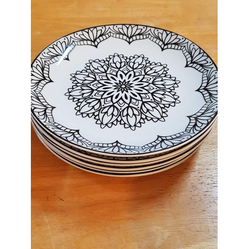 415 - 'Tognana' Black & White Porcelain 6-Place Dinner Set with Ethnic Pattern, (6 x Soup Bowls, 6 x Dinne... 