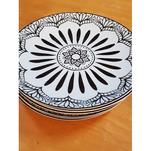 415 - 'Tognana' Black & White Porcelain 6-Place Dinner Set with Ethnic Pattern, (6 x Soup Bowls, 6 x Dinne... 