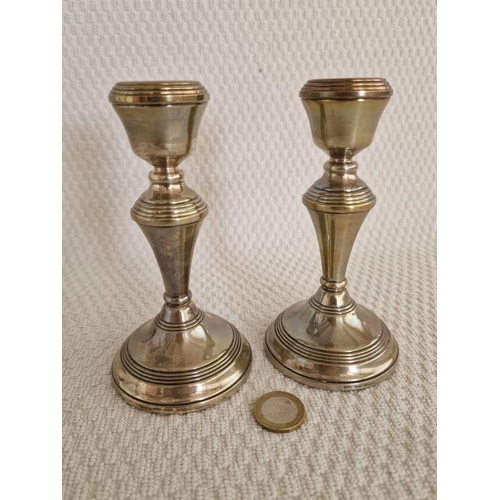 103 - Pair of Sterling Silver Candlesticks, English, 20th Century, (Approx. H: 14cm, Total Weight 385g, In... 