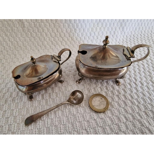 107 - 2 x Antique Sterling Silver Lidded Condiment Dishes / Mustard Pots with Cobalt Blue Glass Liners (Ap... 