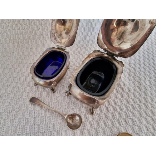 107 - 2 x Antique Sterling Silver Lidded Condiment Dishes / Mustard Pots with Cobalt Blue Glass Liners (Ap... 