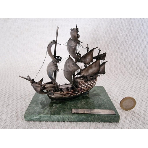 112 - Sterling Silver Model of 'The Mary Rose 1511-1545' Tudor Warship, Mounted on Green Marble Base, Limi... 