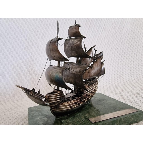 112 - Sterling Silver Model of 'The Mary Rose 1511-1545' Tudor Warship, Mounted on Green Marble Base, Limi... 