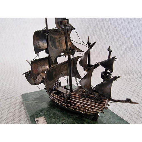 112 - Sterling Silver Model of 'The Mary Rose 1511-1545' Tudor Warship, Mounted on Green Marble Base, Limi... 