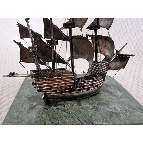 112 - Sterling Silver Model of 'The Mary Rose 1511-1545' Tudor Warship, Mounted on Green Marble Base, Limi... 