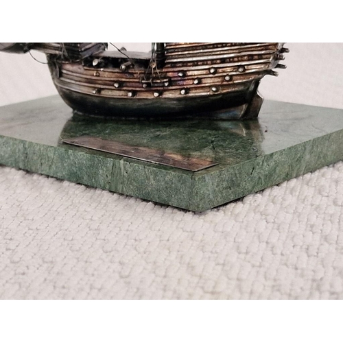 112 - Sterling Silver Model of 'The Mary Rose 1511-1545' Tudor Warship, Mounted on Green Marble Base, Limi... 