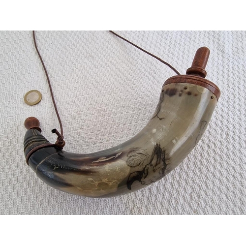 114 - Carved Horn Powder Flask with Leather Strap and Wooden Ends