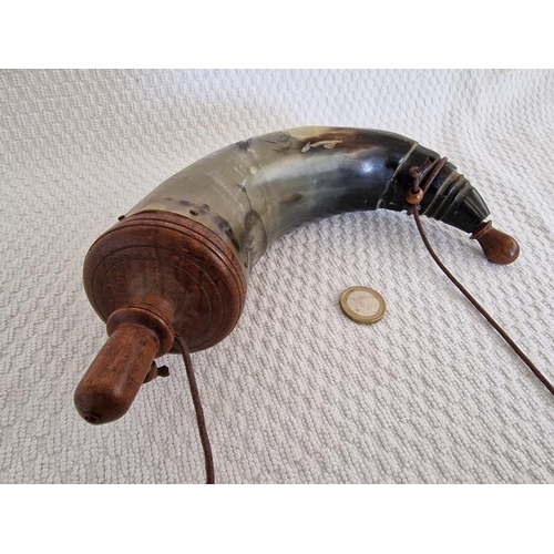 114 - Carved Horn Powder Flask with Leather Strap and Wooden Ends