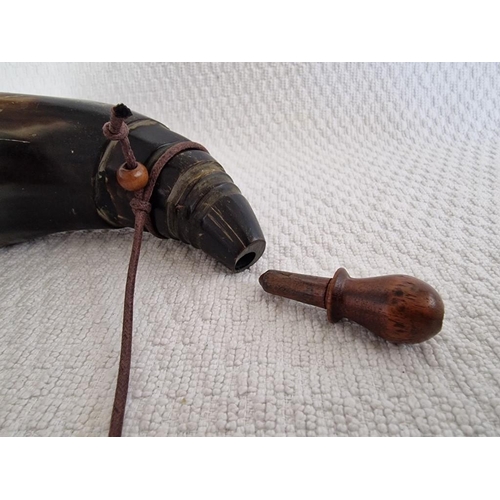 114 - Carved Horn Powder Flask with Leather Strap and Wooden Ends