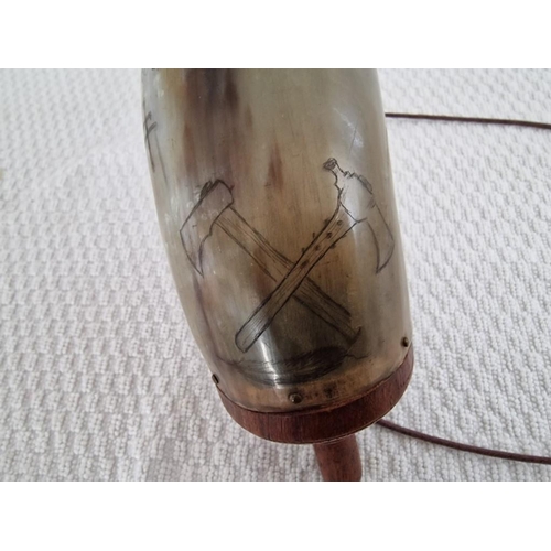 114 - Carved Horn Powder Flask with Leather Strap and Wooden Ends