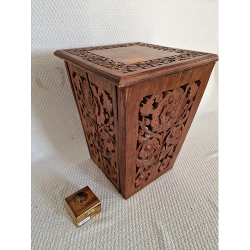 126 - Solid Wood Folding Stool / Basket with Fretwork, Possibly Indian Rosewood, (Approx. 25.5 x 24.5 x 31... 