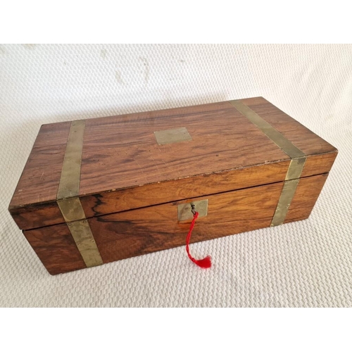 58 - Antique Brass Bound Writing Slope / Travelling Table-Top Opening Box with Sloping Fabric Writing Pad... 