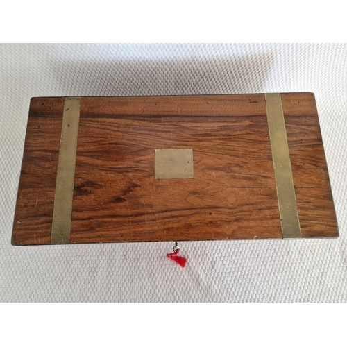 58 - Antique Brass Bound Writing Slope / Travelling Table-Top Opening Box with Sloping Fabric Writing Pad... 