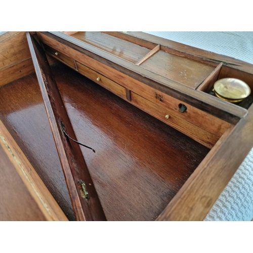 58 - Antique Brass Bound Writing Slope / Travelling Table-Top Opening Box with Sloping Fabric Writing Pad... 