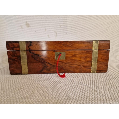 58 - Antique Brass Bound Writing Slope / Travelling Table-Top Opening Box with Sloping Fabric Writing Pad... 