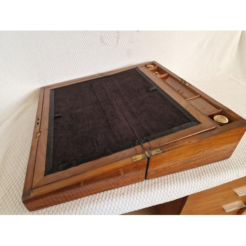 58 - Antique Brass Bound Writing Slope / Travelling Table-Top Opening Box with Sloping Fabric Writing Pad... 