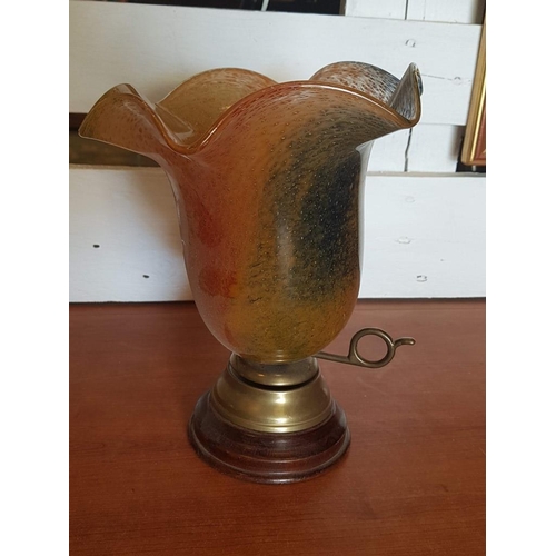 440 - Vintage Candle Holder, Wood & Brass Base with Coloured Glass Shade, (Approx. H: 23.5cm)