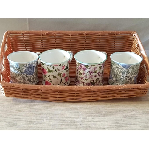 416 - Set of 4 x 'Micton, Staffordshire' Porcelain Mugs in Wicker Basket / Holder, Made in England