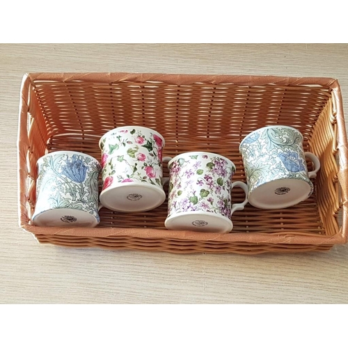 416 - Set of 4 x 'Micton, Staffordshire' Porcelain Mugs in Wicker Basket / Holder, Made in England
