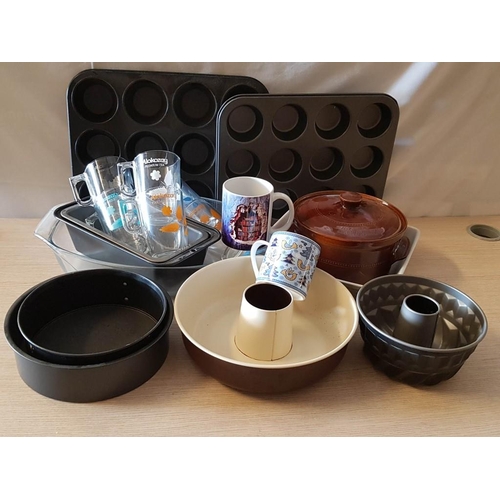 421 - Large Box of Assorted Kitchen Items; Mugs, Baking Molds, Oven Dishes, etc