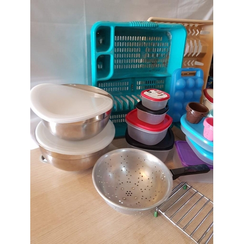 533 - Large Collection of Assorted Kitchen Accessories; Plastic Containers with Lids, Stainless Steel Bowl... 