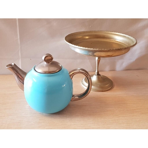 539 - Retro Tea Pot-for-One, Turquoise and Silver Colour, Together with Silver Plated Pedestal Cake Plate,... 