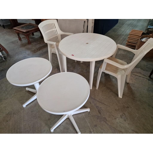 775 - White Plastic Garden Furniture; Round Table, 2 x Side Tables and 2 x Chairs, (5)