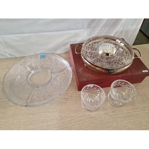 729 - Decorative Glass Round Party / Snack Dish, 2 x Round Pedestal Dishes and Other Snack Dish with Pierc... 