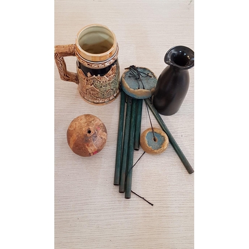 754 - Collection of Traditional Folk Ceramics; Beer Mug, Ceramic Olive Oil Jug, Wind Chimes and Other