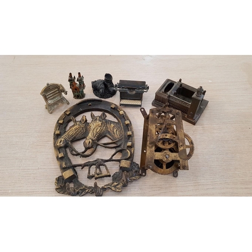 755 - Collection of Assorted Items; Old Mechanical Clock Movement, Decorative Metal Horseshoe and 5 x Smal... 