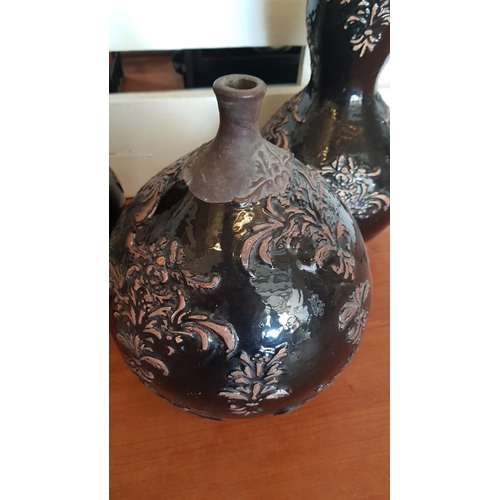 744 - Terracotta / Metal Art - Hand Made Home Decor - Set of 3 x Matching Vases with Leaf Pattern (H:26.5c... 