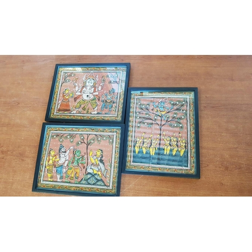 711 - Set of 3 x Traditional Hindu Art Paintings with Scenes of Gods / Goddesses, (Approx. 21 x 26cm each)... 