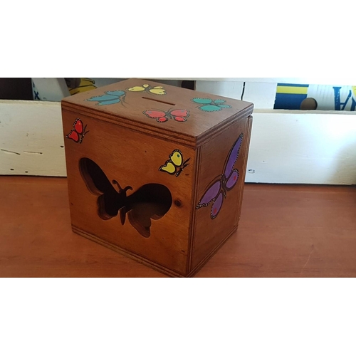 712 - Folk Art; Hand Made & Painted Wooden Money Box with Butterfly Pattern, by Local Artist, (Approx. 20 ... 