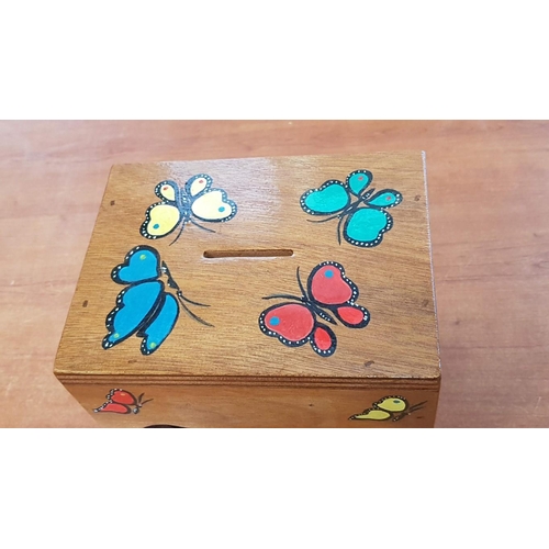 712 - Folk Art; Hand Made & Painted Wooden Money Box with Butterfly Pattern, by Local Artist, (Approx. 20 ... 