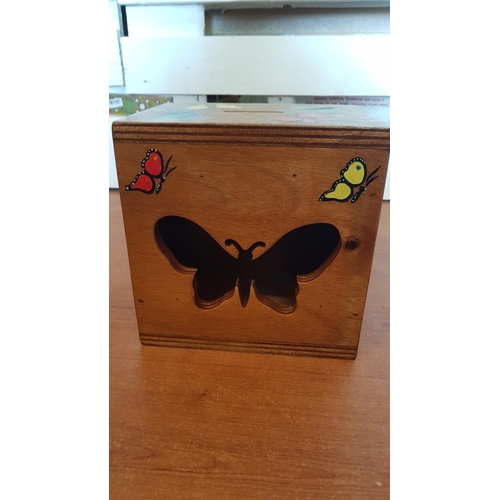 712 - Folk Art; Hand Made & Painted Wooden Money Box with Butterfly Pattern, by Local Artist, (Approx. 20 ... 