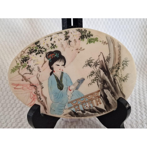 716 - Attractive Double Sided Painted Marble Plaque, Oval Shape with Flowers & Bird, or Oriental Lady Read... 