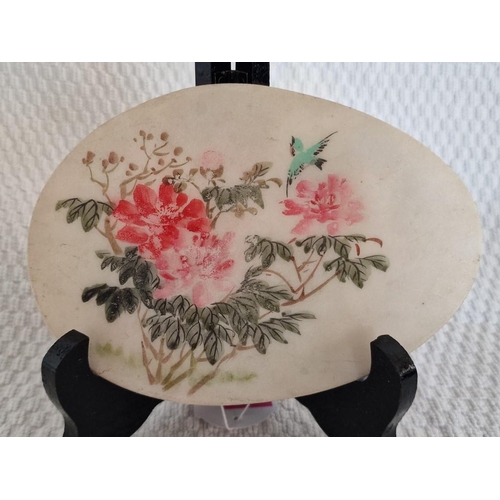 716 - Attractive Double Sided Painted Marble Plaque, Oval Shape with Flowers & Bird, or Oriental Lady Read... 