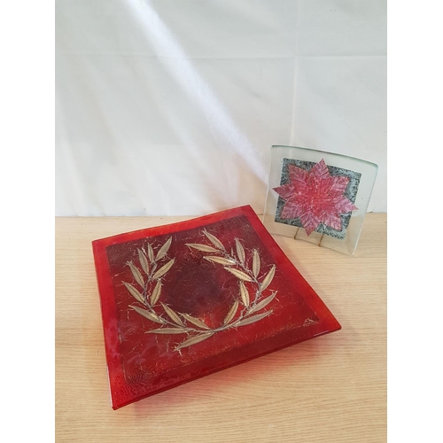 700 - Glass Art; Olive Branch Large Red Square (34.5 x 34.5cm) Decorative Tray / Dish and 