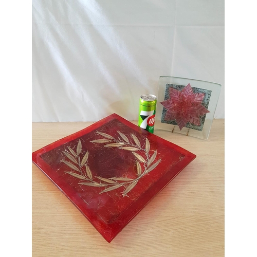 700 - Glass Art; Olive Branch Large Red Square (34.5 x 34.5cm) Decorative Tray / Dish and 