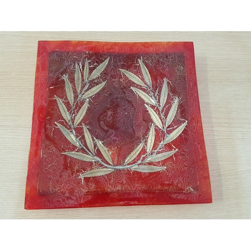 700 - Glass Art; Olive Branch Large Red Square (34.5 x 34.5cm) Decorative Tray / Dish and 