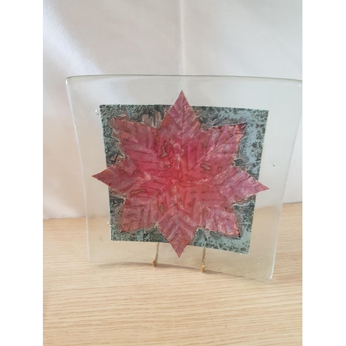 700 - Glass Art; Olive Branch Large Red Square (34.5 x 34.5cm) Decorative Tray / Dish and 