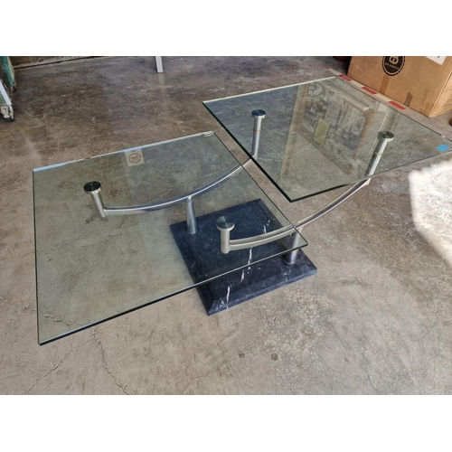 691 - Designer Glass Coffee Table with Two-Part Revolving Top Over Steel Supports and Black Marble Base, B... 