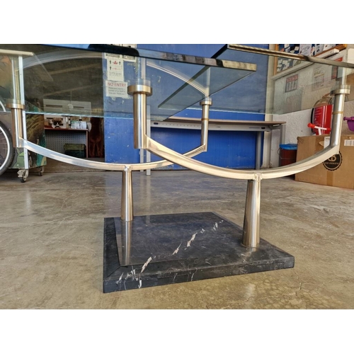 691 - Designer Glass Coffee Table with Two-Part Revolving Top Over Steel Supports and Black Marble Base, B... 